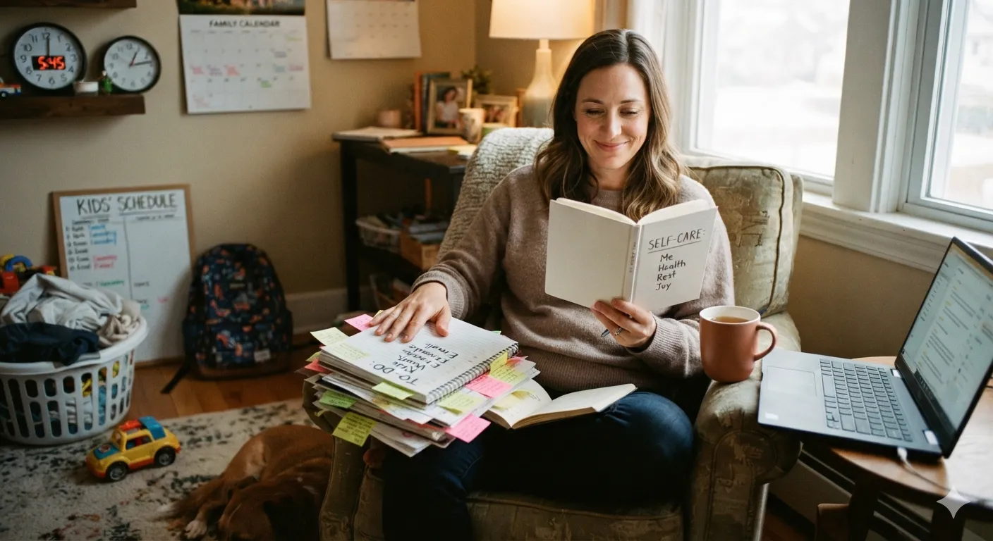 Woman behind a desk, busy with life tasks and daily to do's.