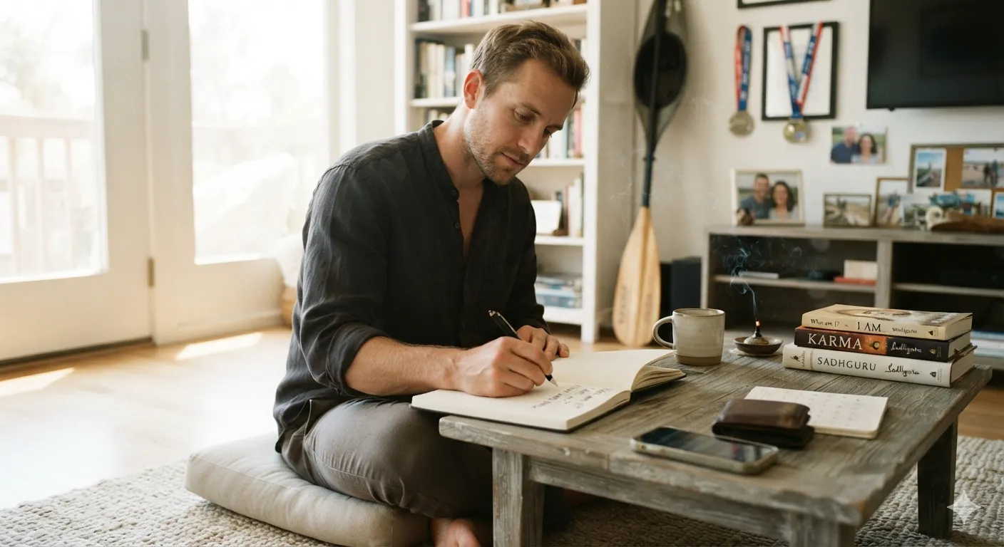 A man sits on a floor cushion journaling at a coffee table next to a smoking incense burner and a stack of philosophy books, reflecting on mindfulness, personal identity, and living in the present moment.