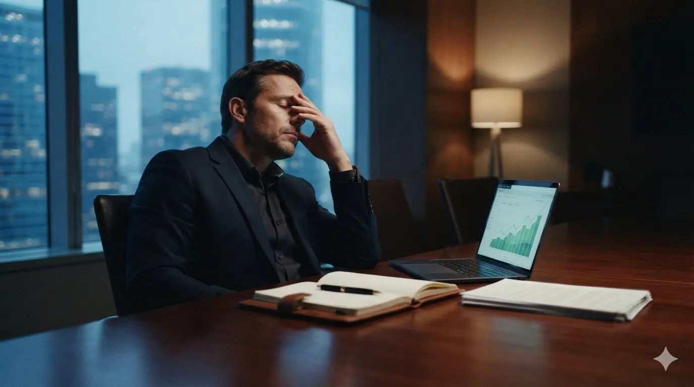 An exhausted male executive sits alone in a high-rise corner office at dusk, pinching the bridge of his nose in frustration while a nearby laptop displays a positive growth chart.