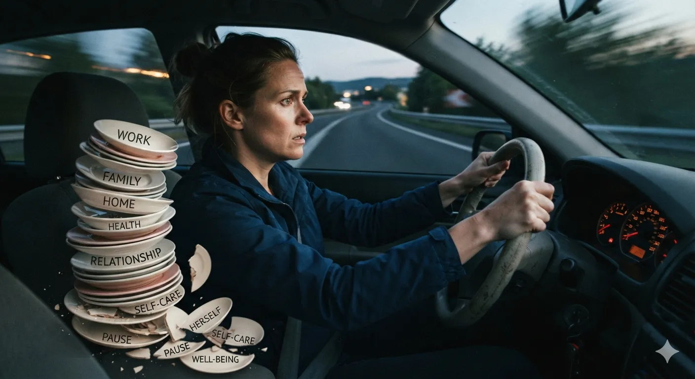 Stressed woman driving fast car balancing plates representing work life balance burnout and mental health self-care.
