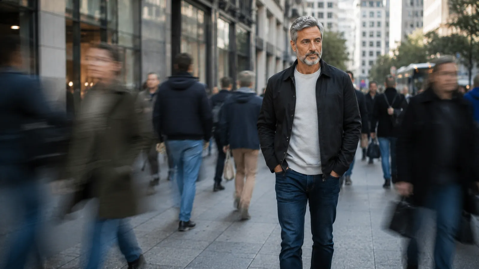 Thoughtful middle-aged man pauses on a busy city sidewalk as blurred pedestrians rush around him, reflecting the stress of always being in a hurry.