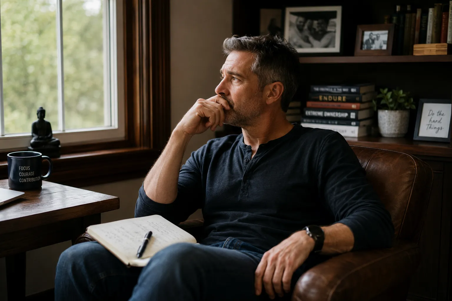 High-achieving professional reflecting quietly in his home office, illustrating nervous system coaching, chronic stress, and learning to feel safe enough to slow down.