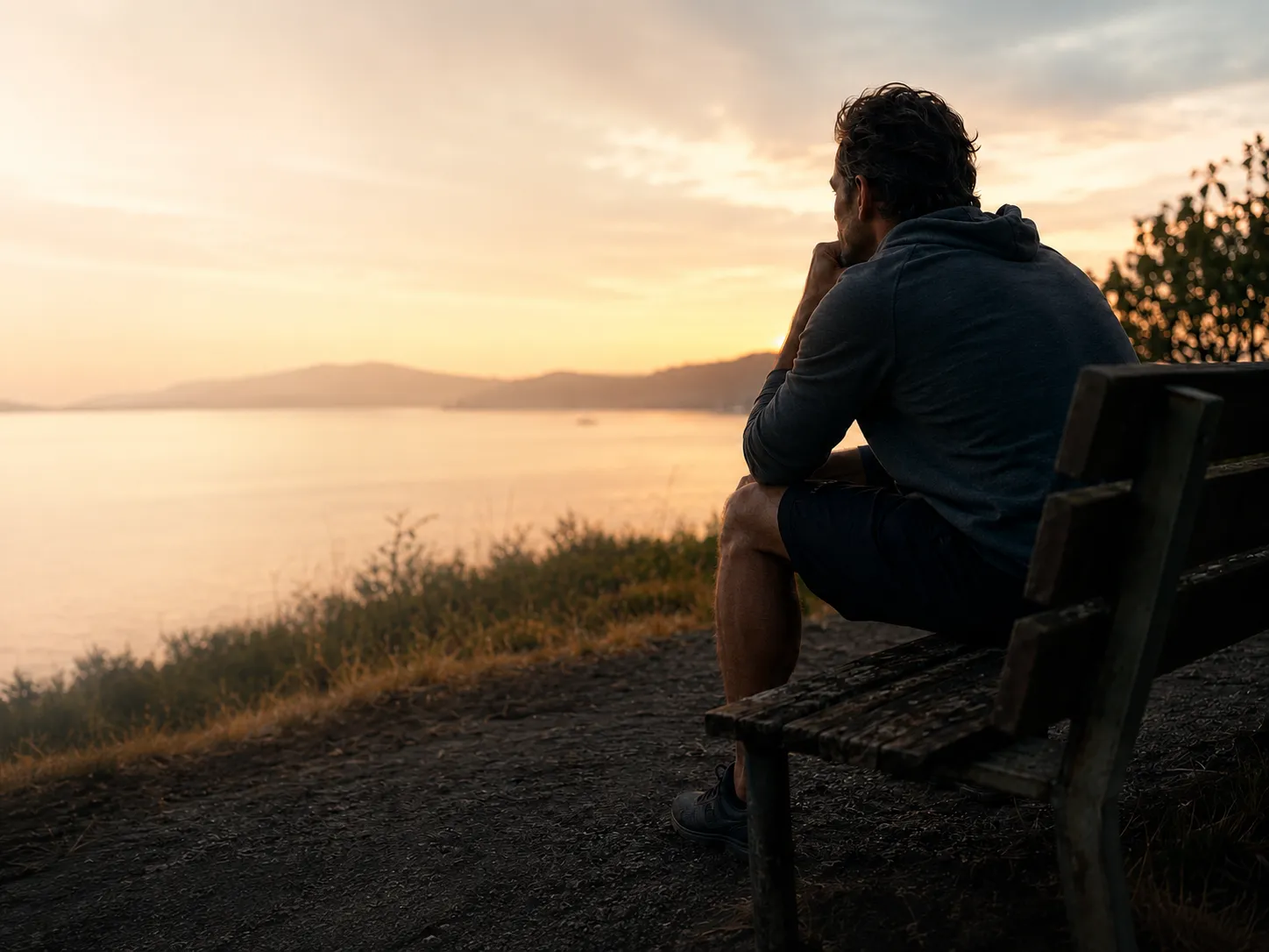 Man reflecting alone, symbolizing the emotional suffering of self-judgment and the inner freedom that comes from embracing self-worth and having nothing to prove.
