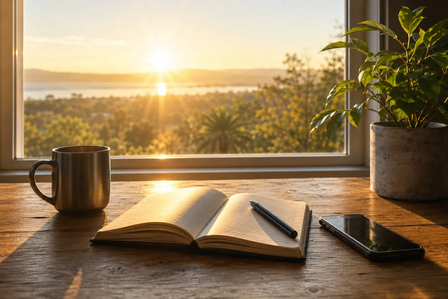 Morning routine scene symbolizing the Sacred Hour Challenge, highlighting an intentional first hour of the day focused on self-reflection, journaling, inner focus, discipline, and avoiding phone distractions, social media, email, and outside noise.
