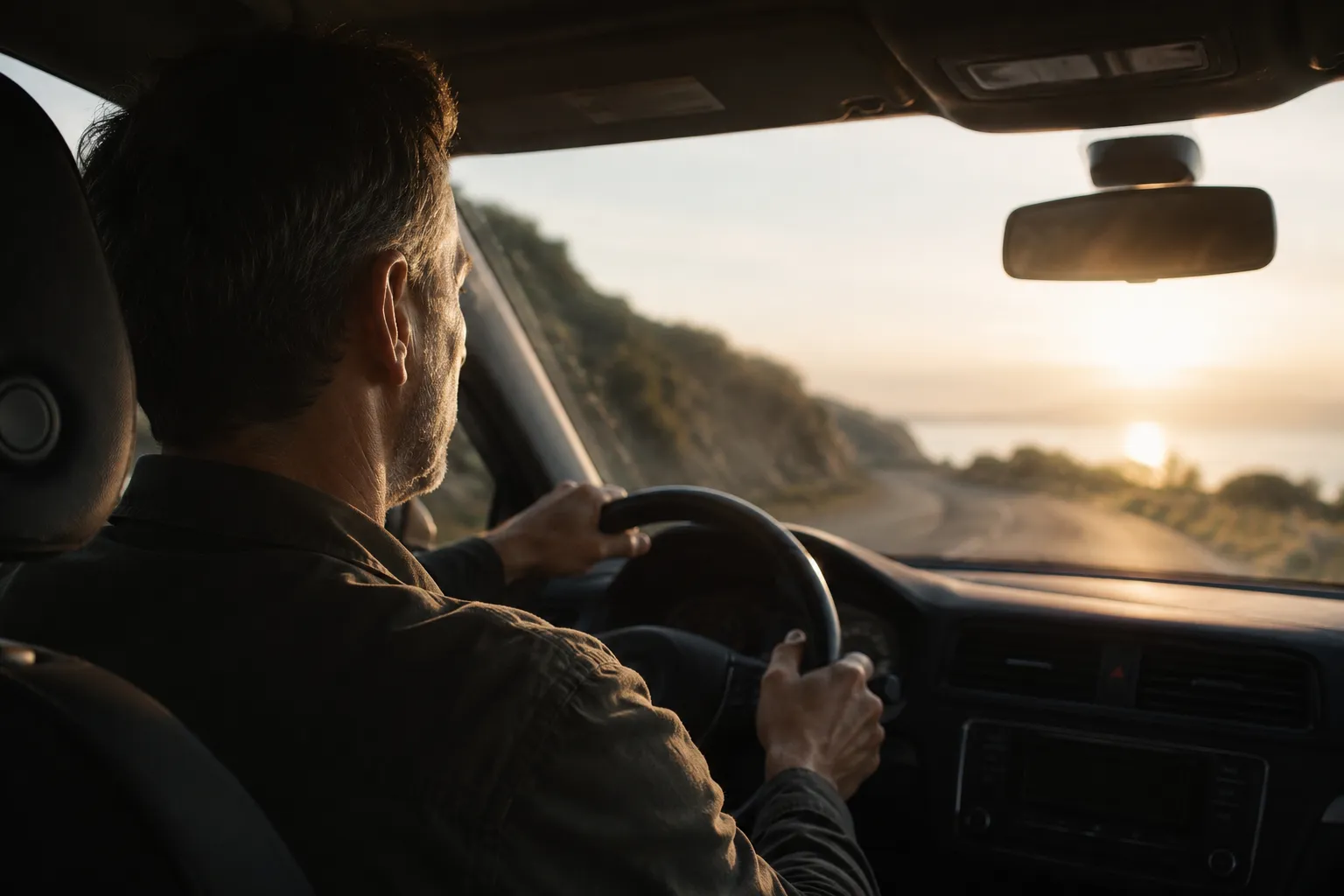 A man takes the wheel on an open road, symbolizing self-trust, freedom from anxiety, and a new way of relating to difficult circumstances.